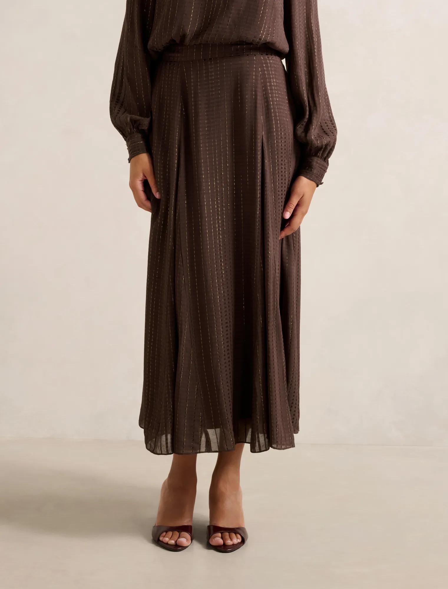 Preslee Godet Midi Skirt Chocolate Metalic Co-ord