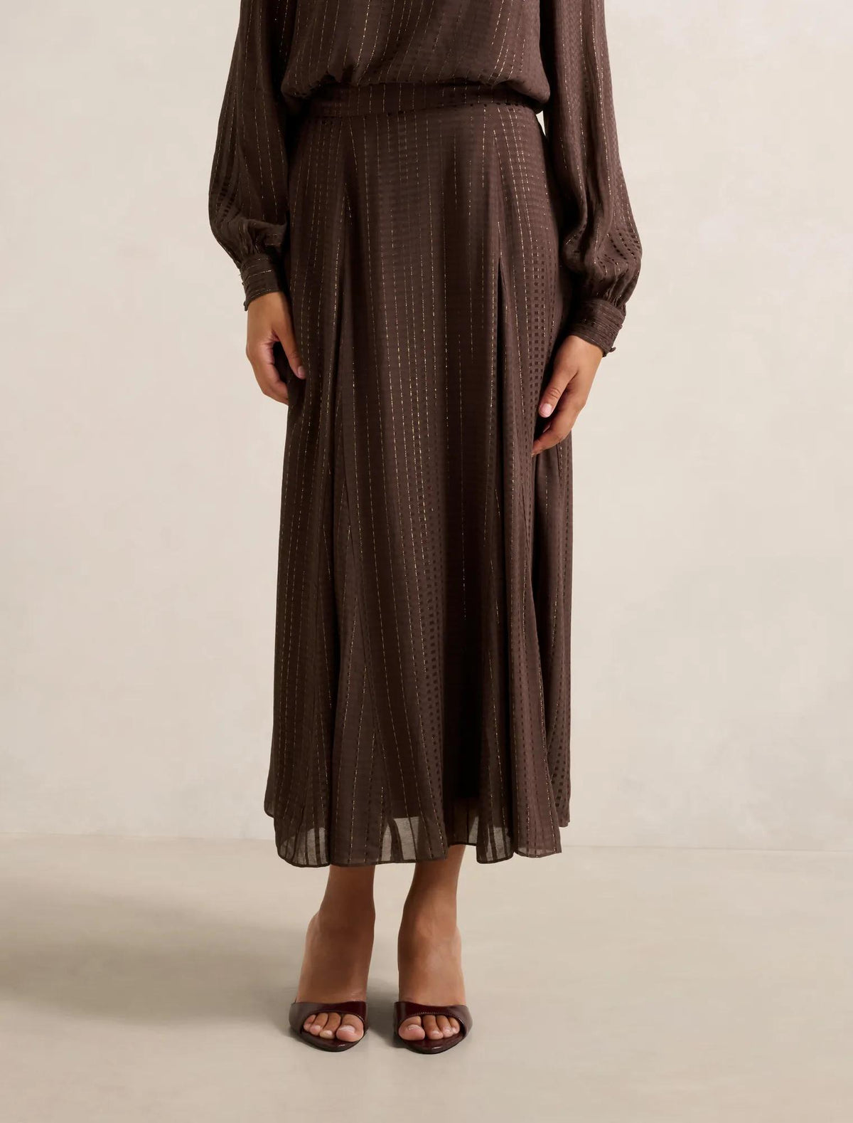 Preslee Godet Midi Skirt Chocolate Metalic Co-ord