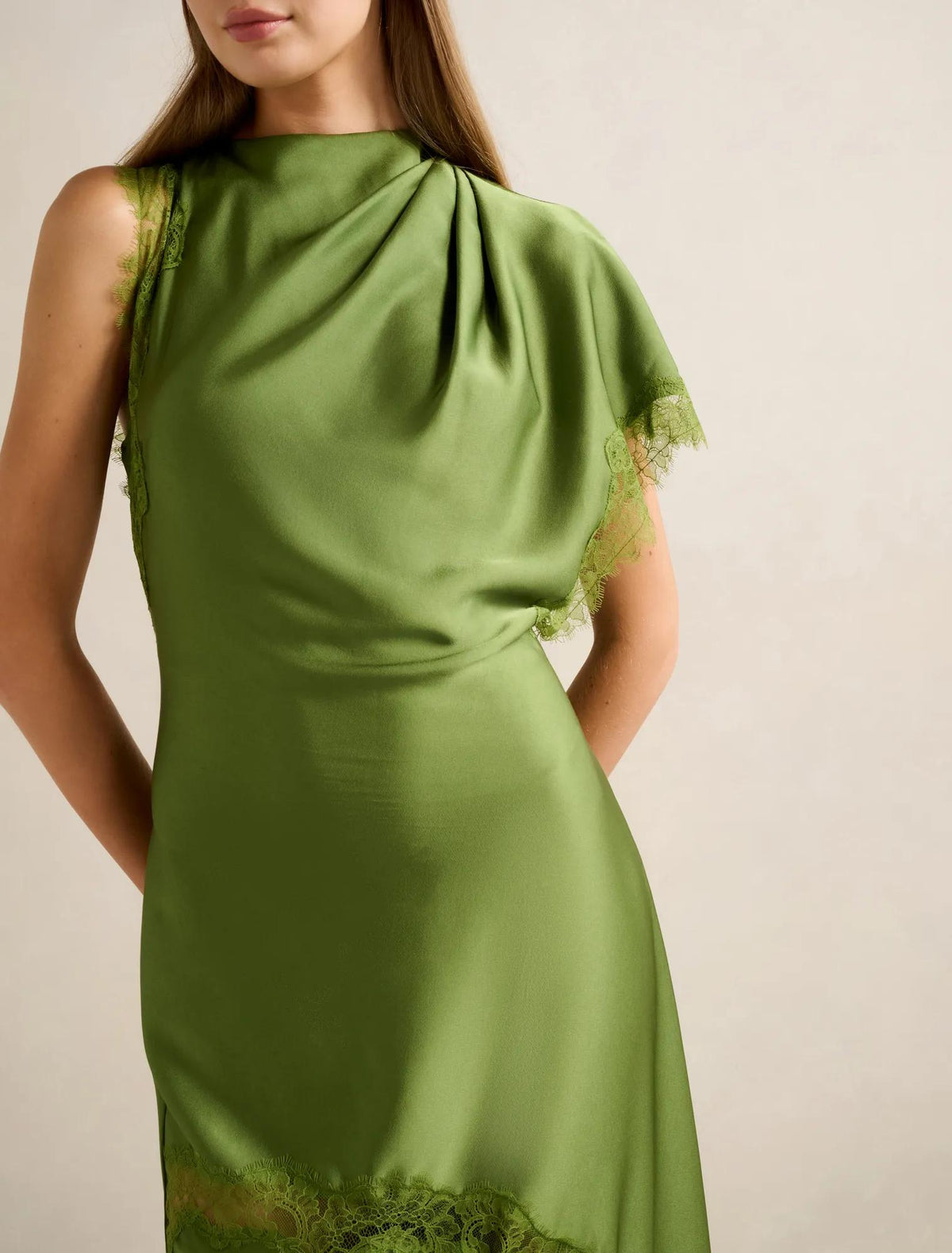 Kody Satin Lace Asymmetric Dress Olive Green