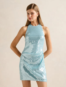 Tate Sequin Halter Mini Dress Soft Blue