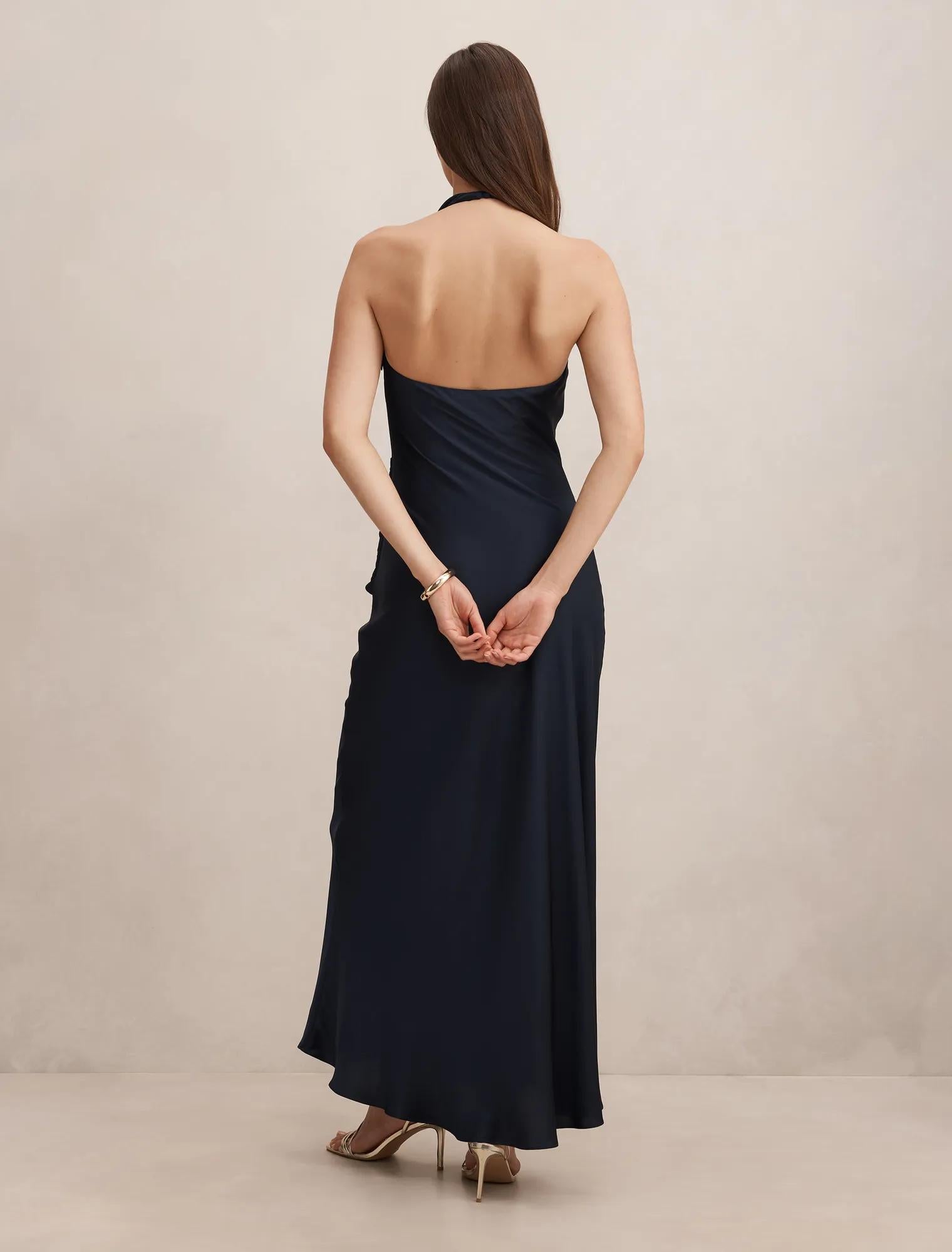 Abby Halter Satin Maxi Dress Navy