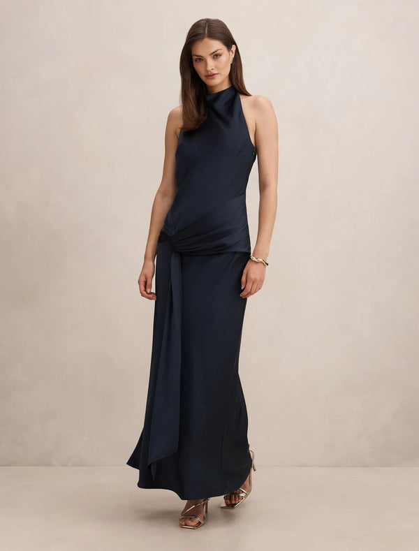Abby Halter Satin Maxi Dress Navy