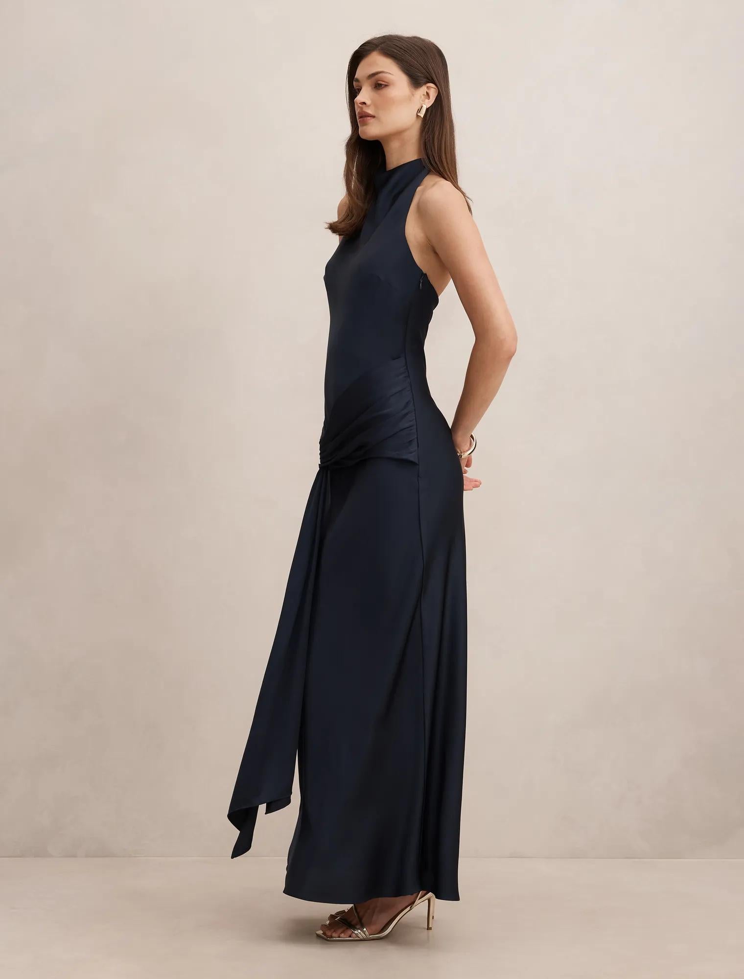 Abby Halter Satin Maxi Dress Navy