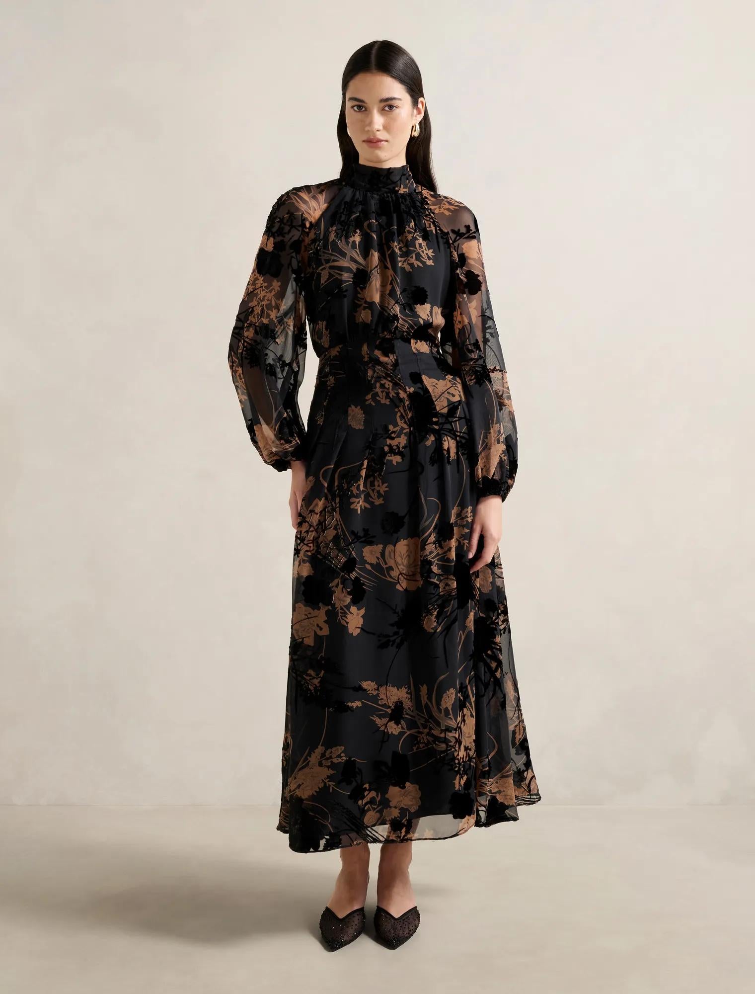 Janelle Velvet Burnout Maxi Dress Black/Brown