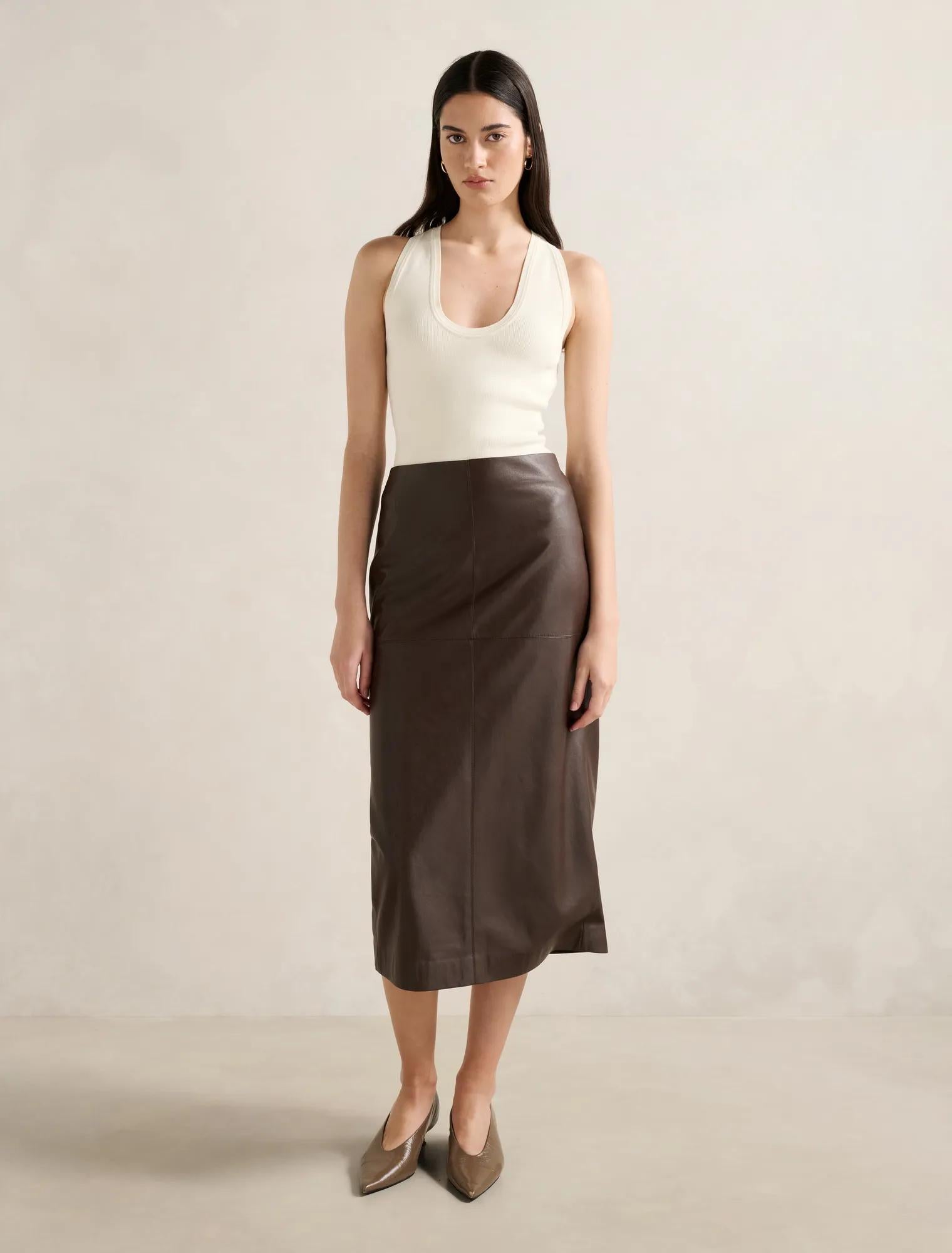 Valentina Vegan Leather Midi Skirt Dark Chocolate