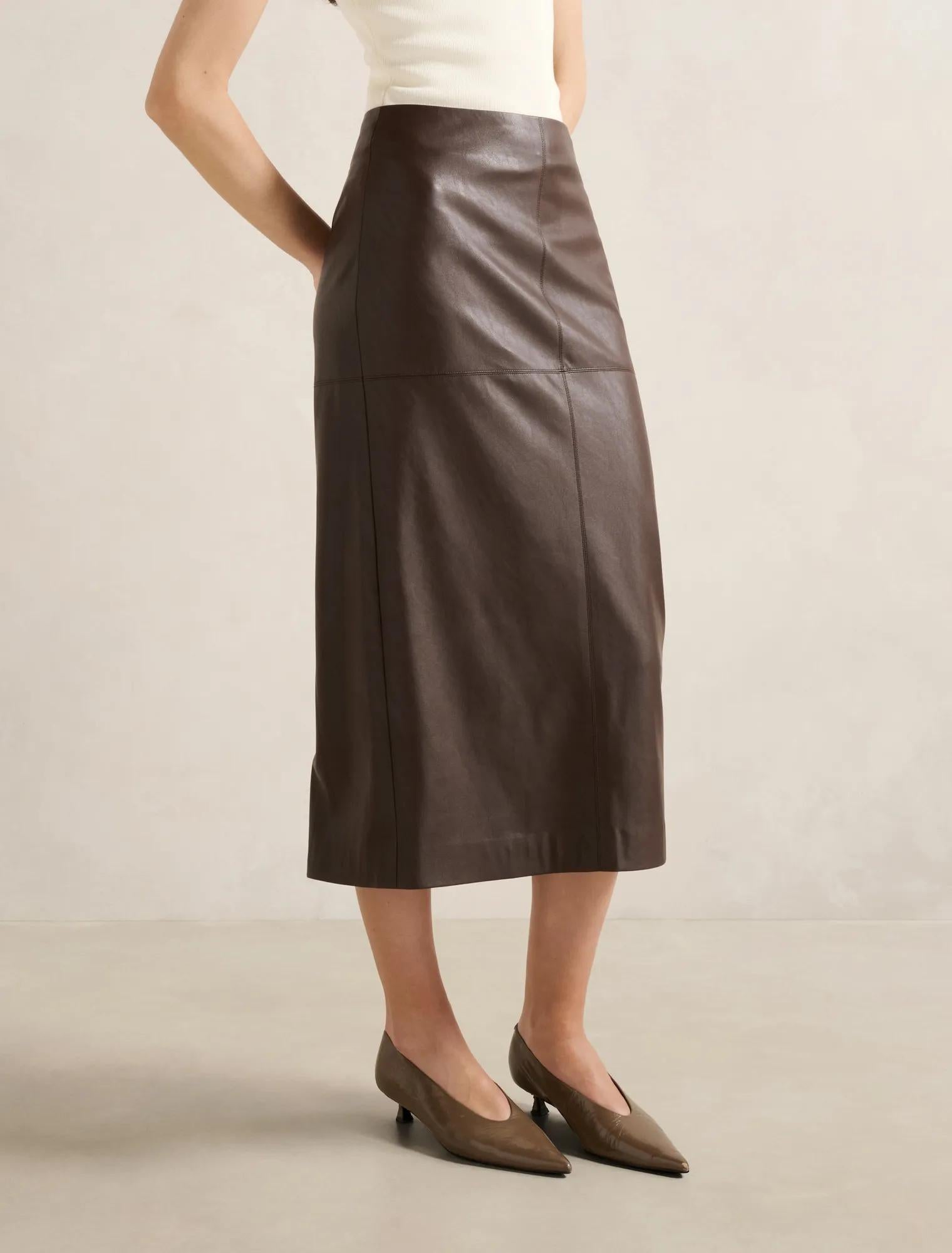 Valentina Vegan Leather Midi Skirt Dark Chocolate