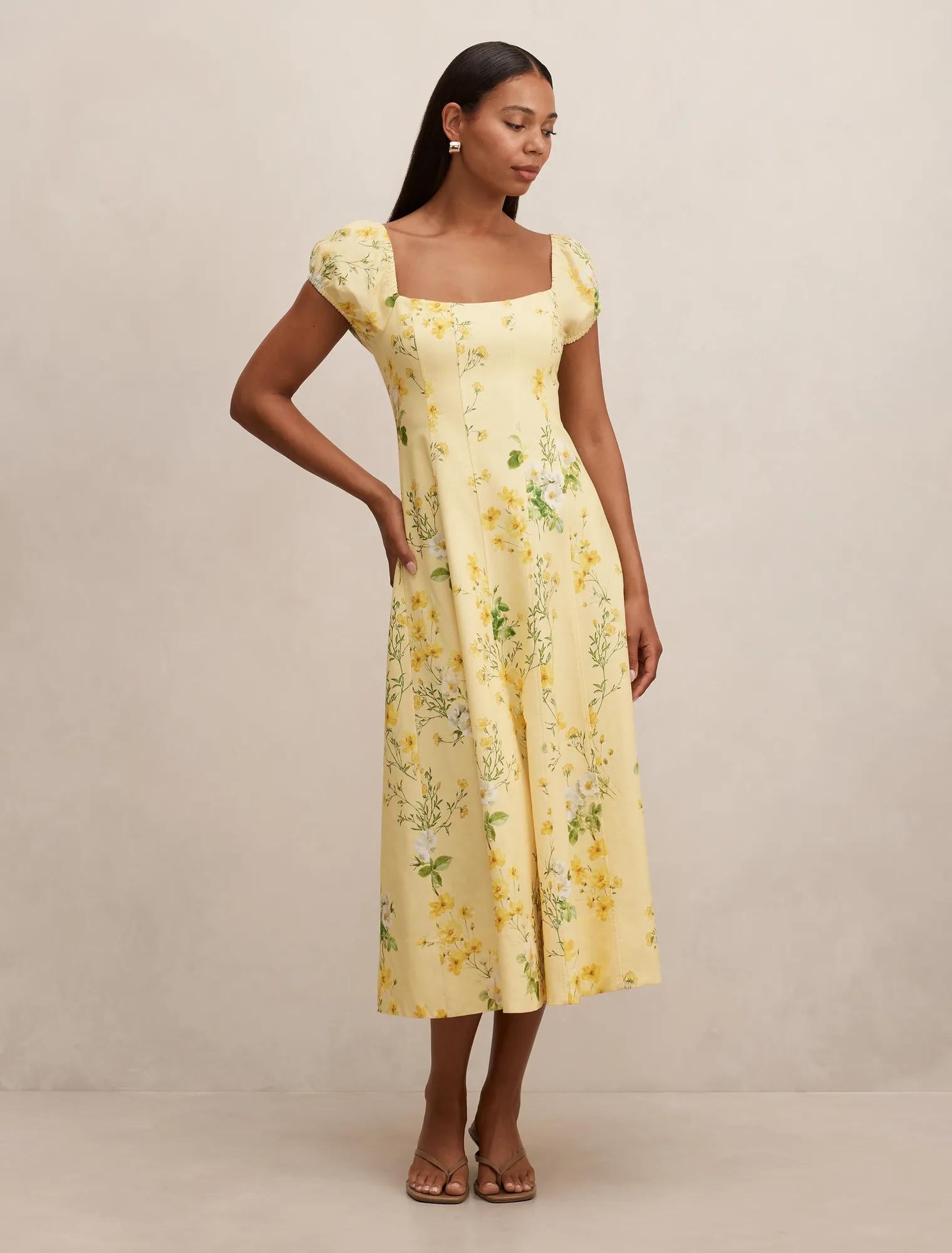 Sadie Cap Sleeve Linen Midi Dress Saffia Ditsy
