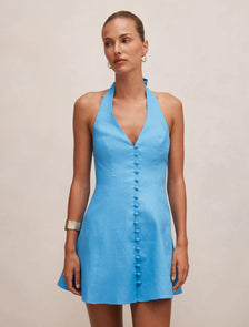Ina Button Front Halter Mini Dress Blue Lemonade