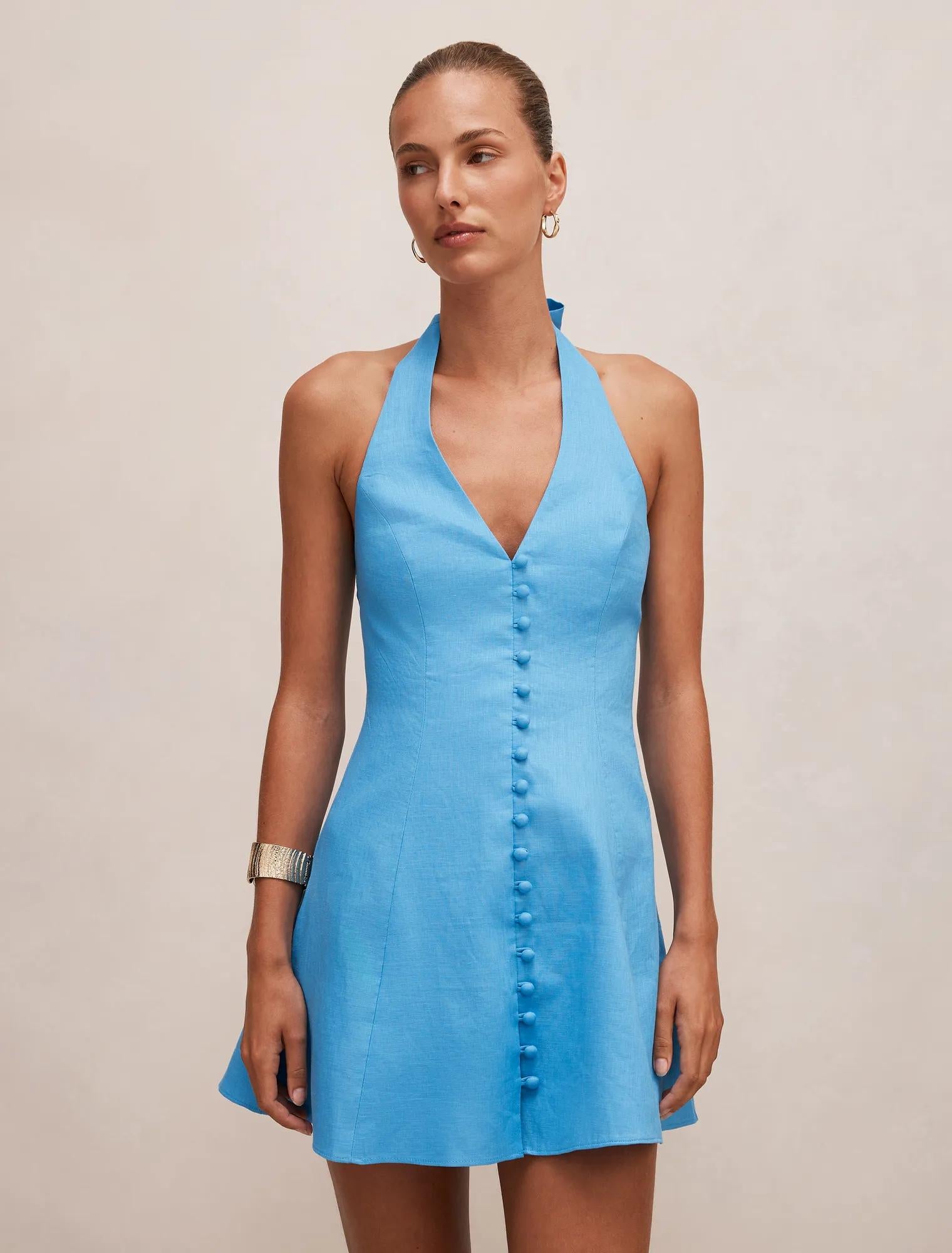 Ina Button Front Halter Mini Dress Blue Lemonade