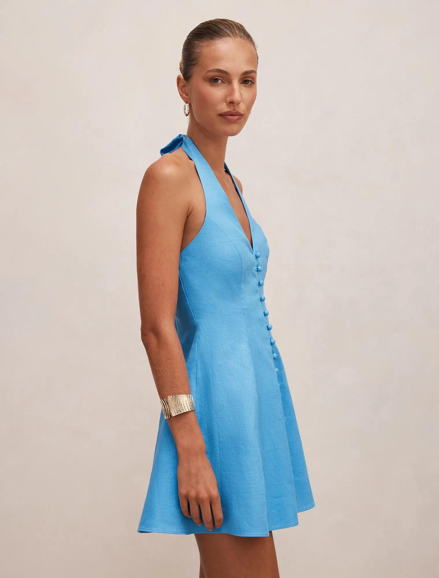 Ina Button Front Halter Mini Dress Blue Lemonade