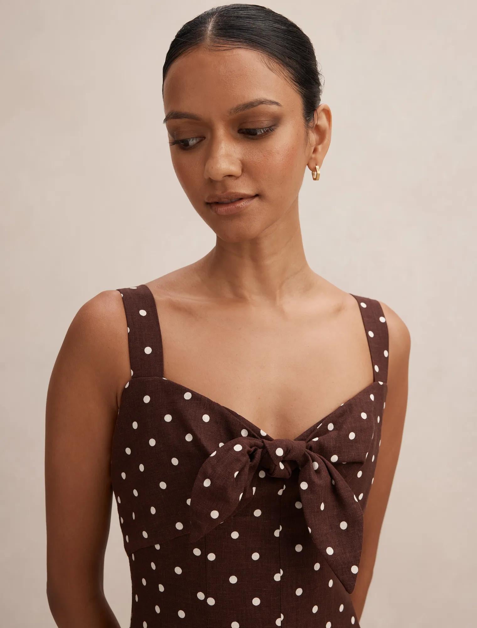 Kara Petite Tie Front Linen Midi Choc Kinsey Spot