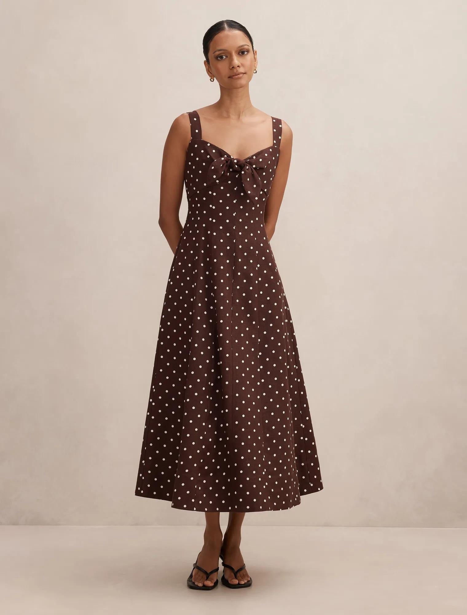 Kara Petite Tie Front Linen Midi Choc Kinsey Spot