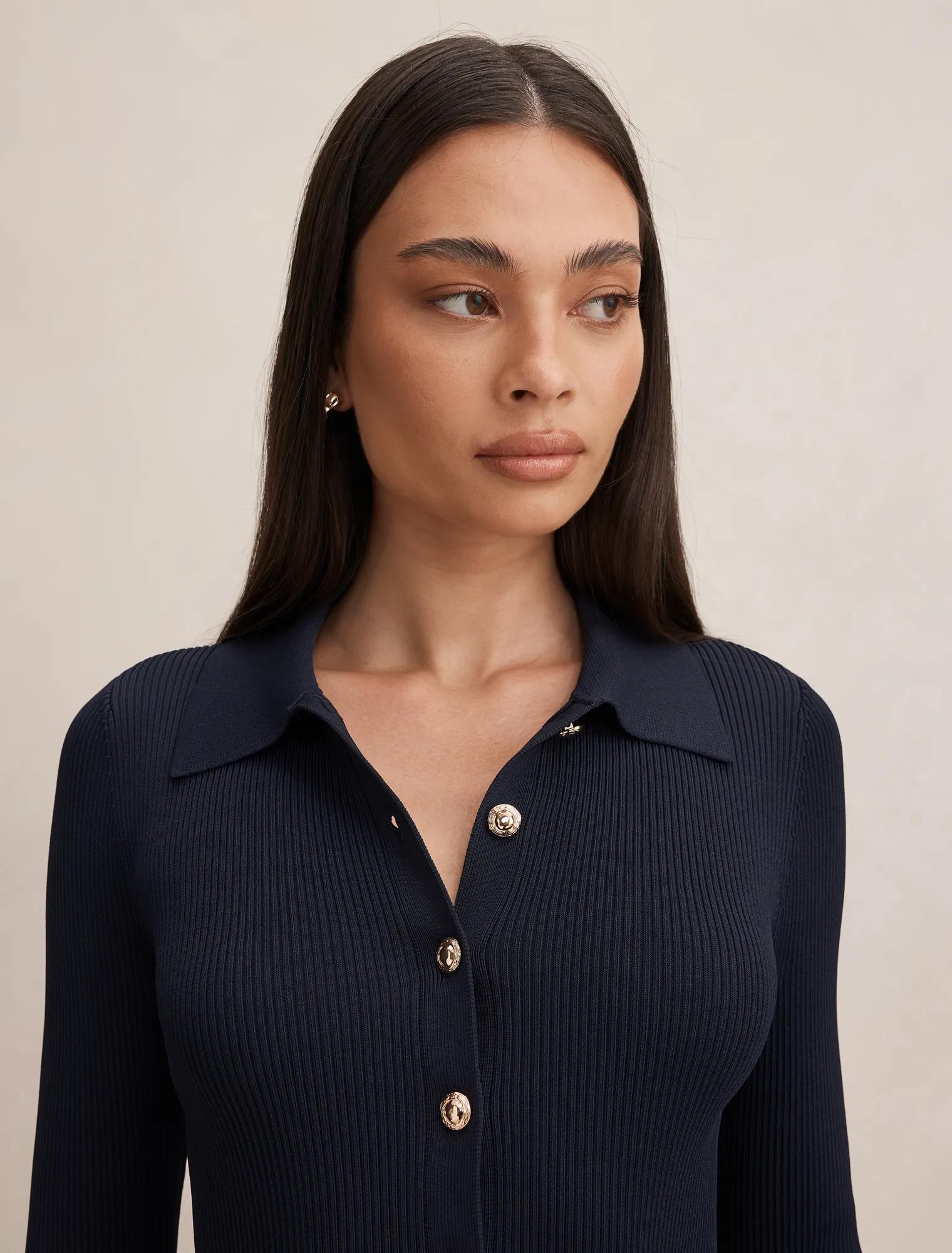 Selina Ribbed Knit Polo Top Navy