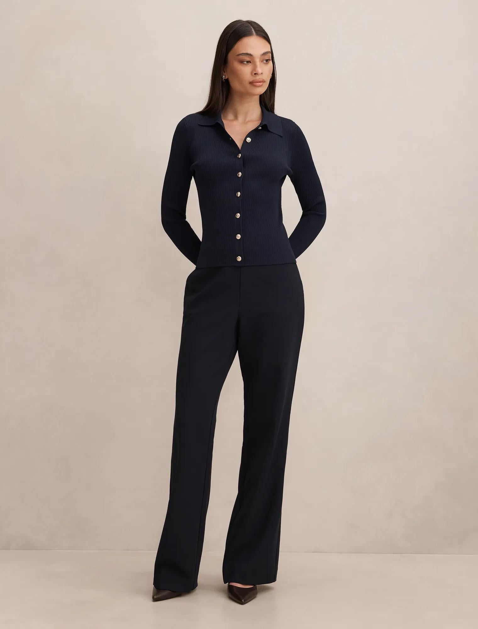 Selina Ribbed Knit Polo Top Navy