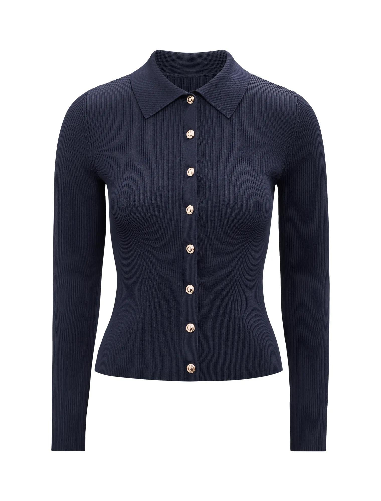 Selina Ribbed Knit Polo Top Navy_mannequin