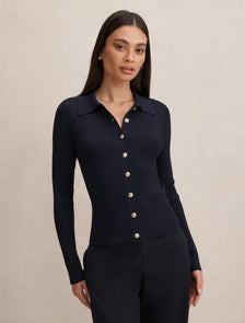 Selina Ribbed Knit Polo Top Navy