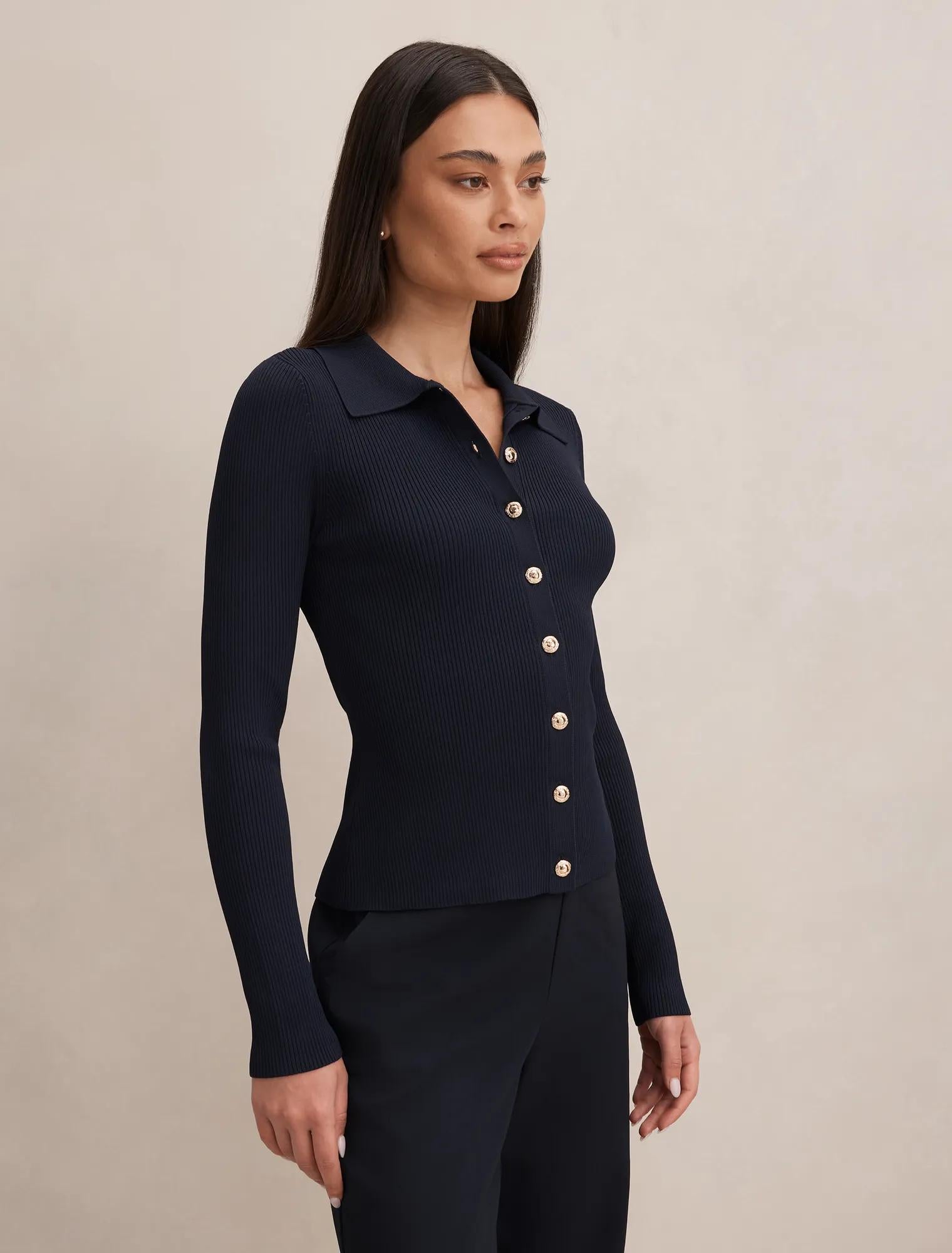 Selina Ribbed Knit Polo Top Navy