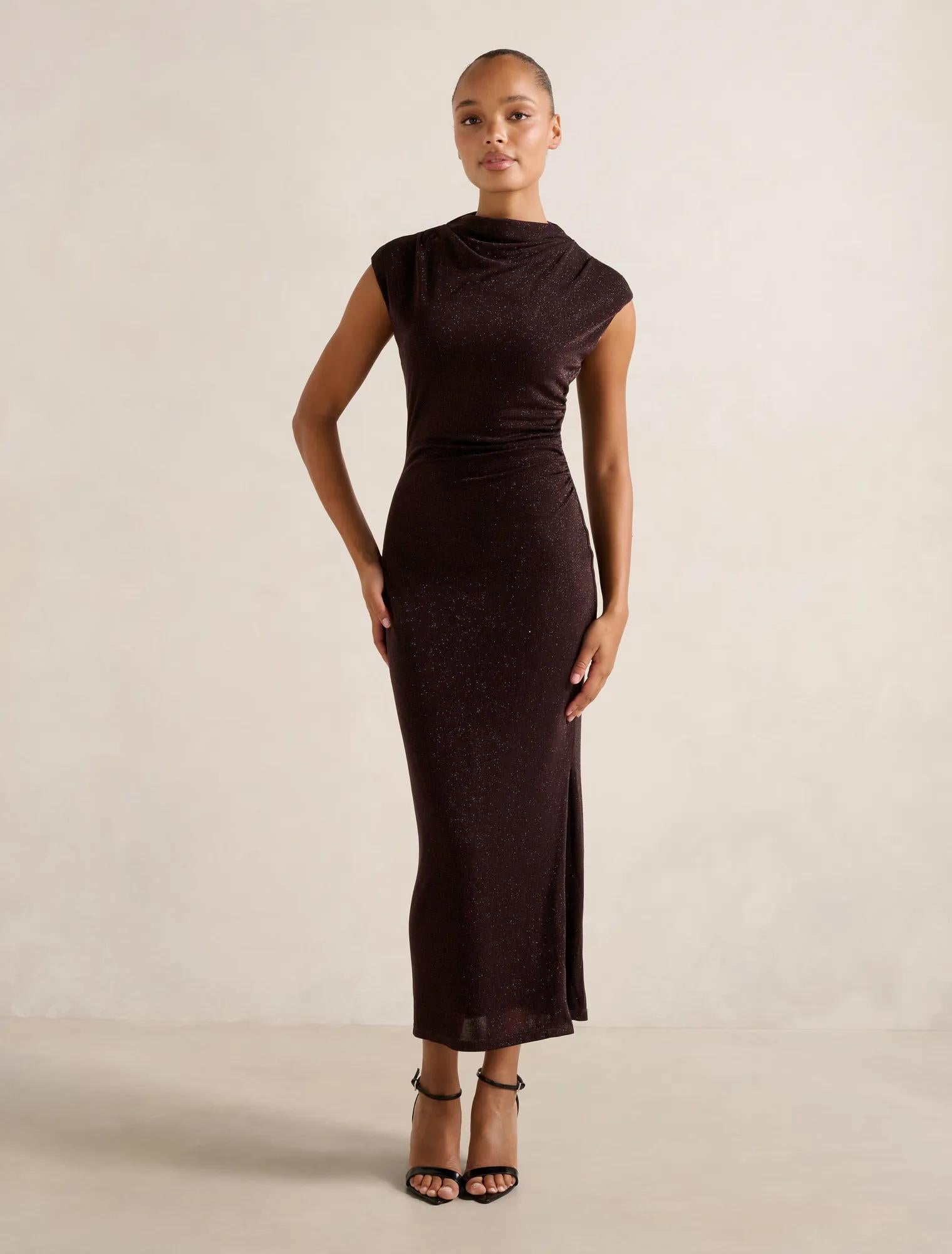 Sammy Glitter Bodycon Midi Dress Dark Chocolate