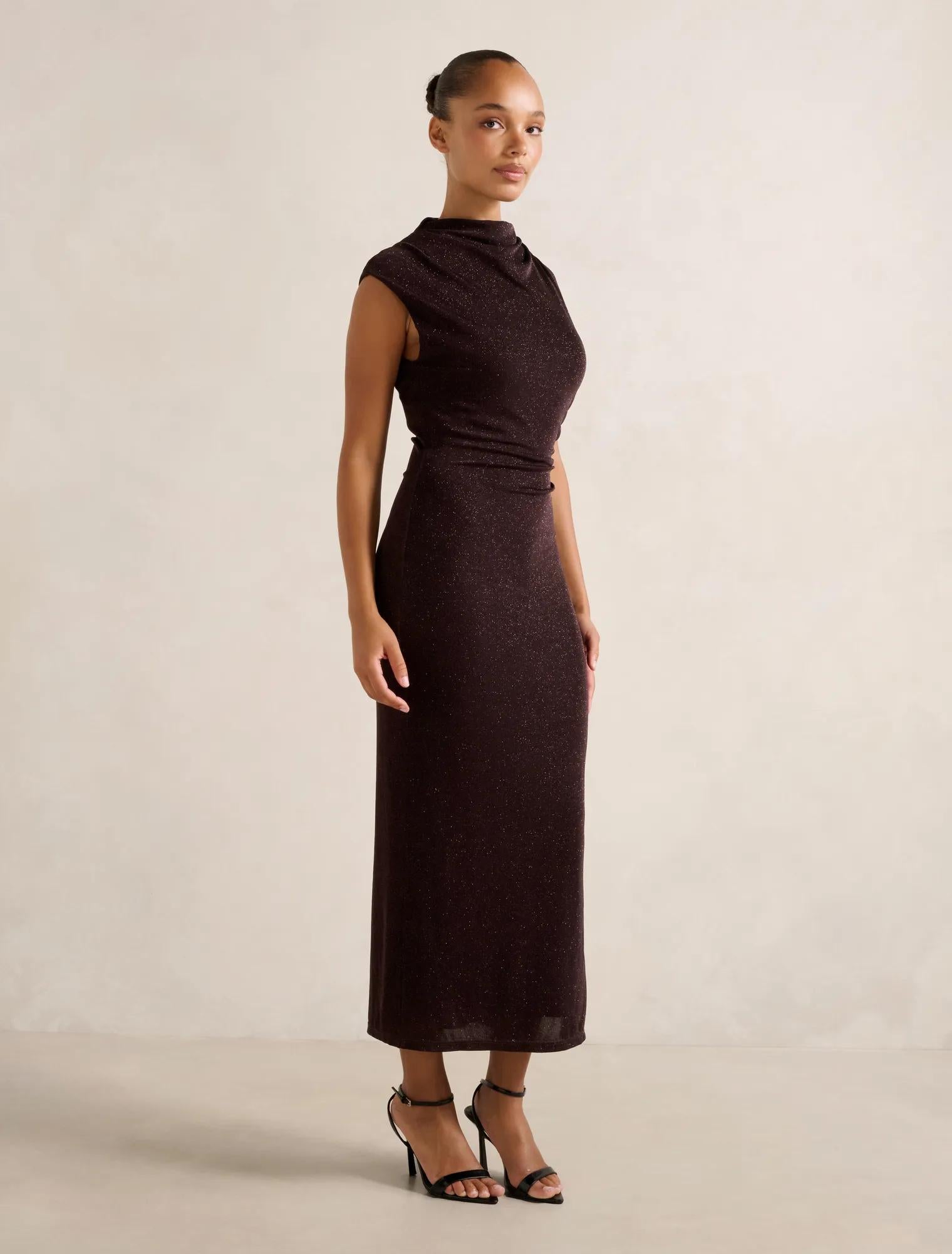 Sammy Glitter Bodycon Midi Dress Dark Chocolate