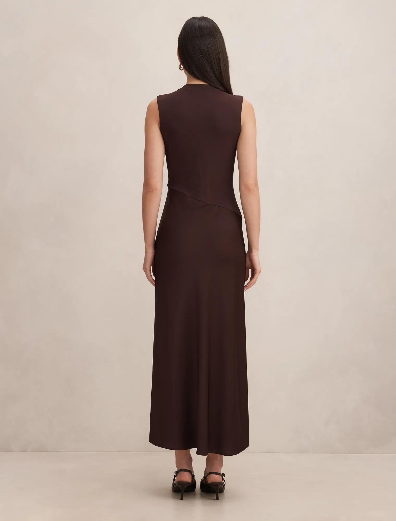 Jayden Satin Mixed Midi Dress Chocolate