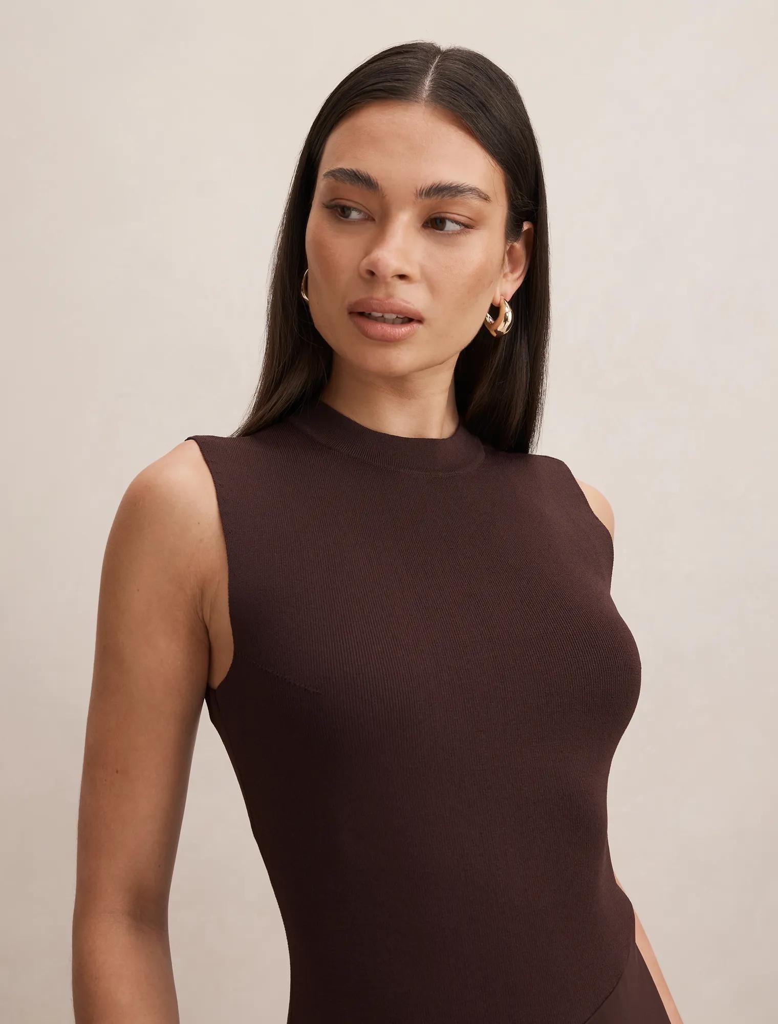 Jayden Satin Mixed Midi Dress Chocolate