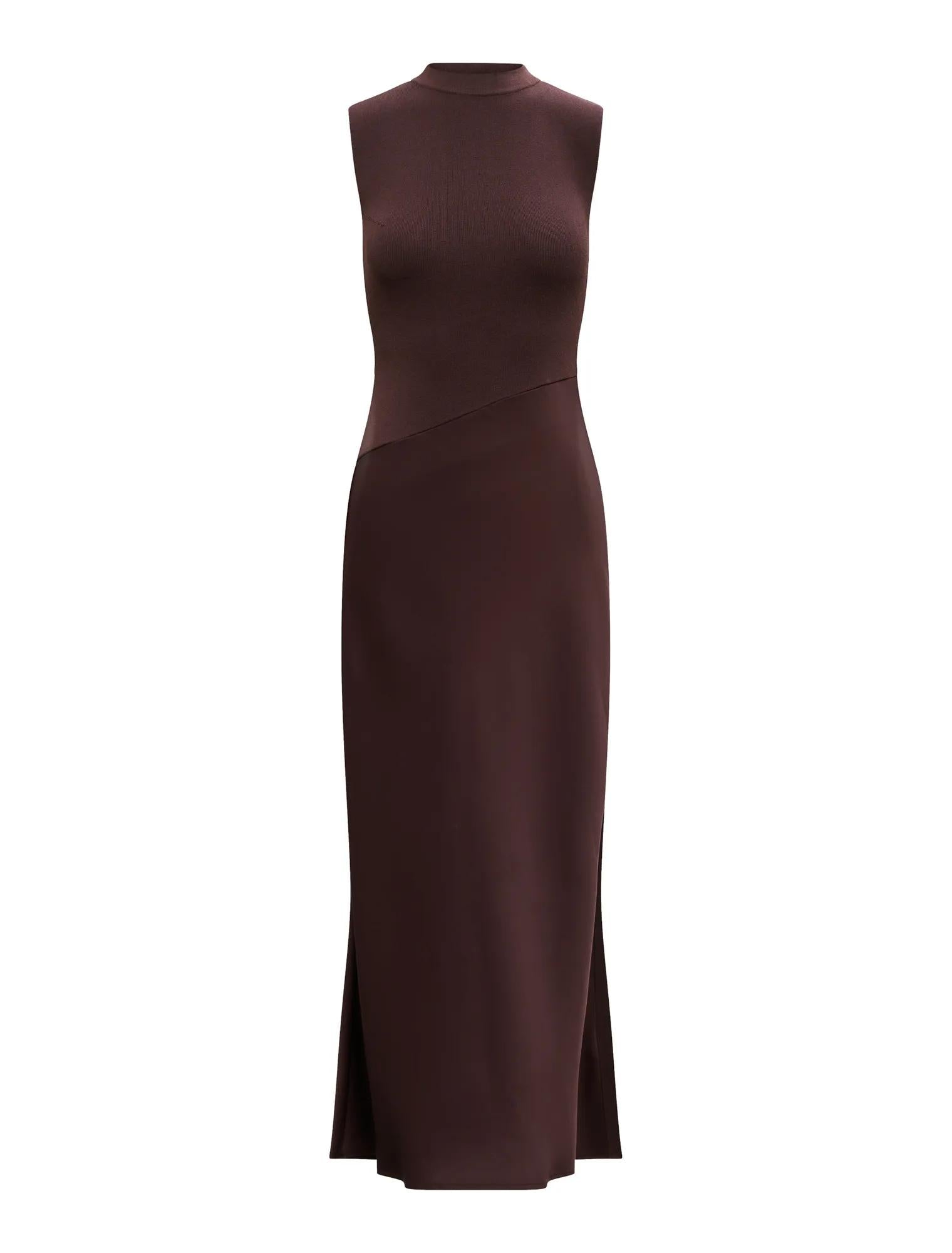 Jayden Satin Mixed Midi Dress Chocolate