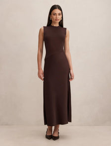 Jayden Satin Mixed Midi Dress Chocolate