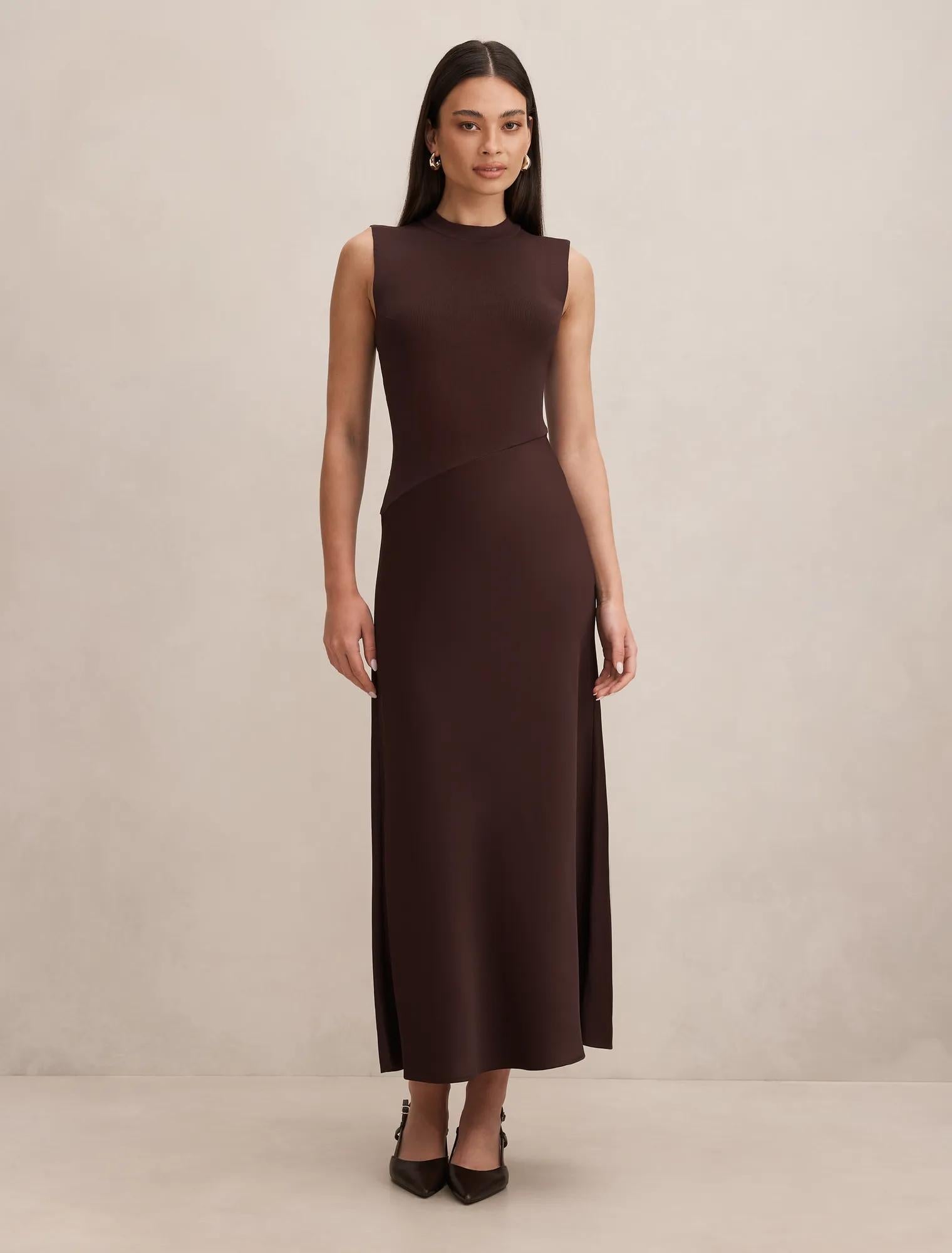 Jayden Satin Mixed Midi Dress Chocolate