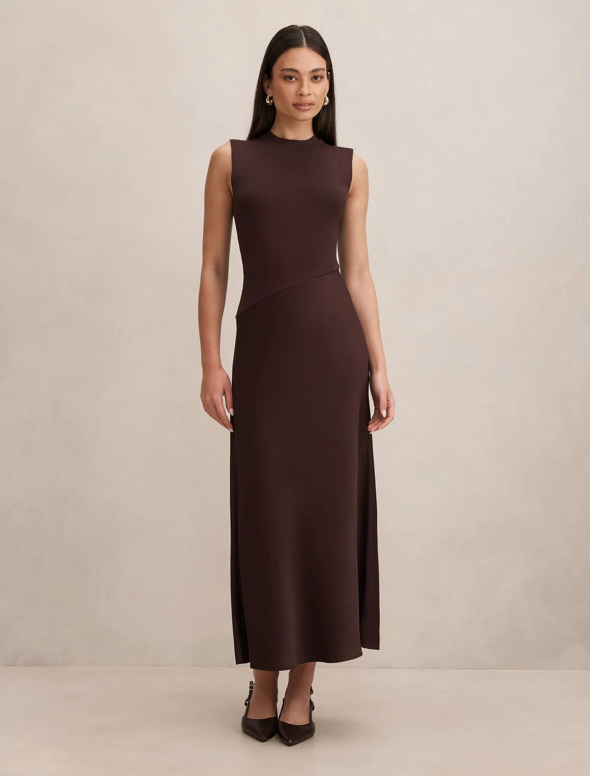 Jayden Satin Mixed Midi Dress Chocolate