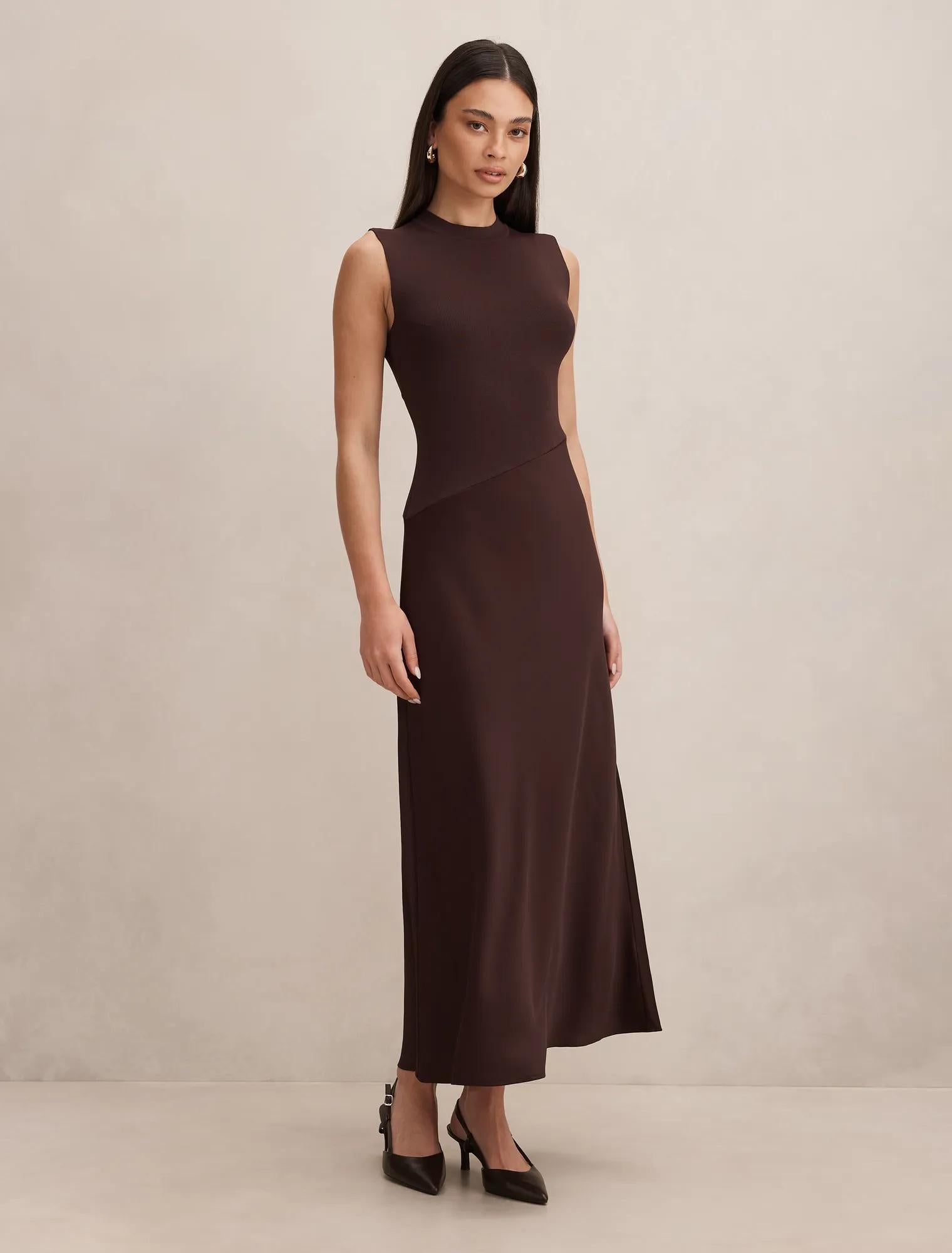Jayden Satin Mixed Midi Dress Chocolate