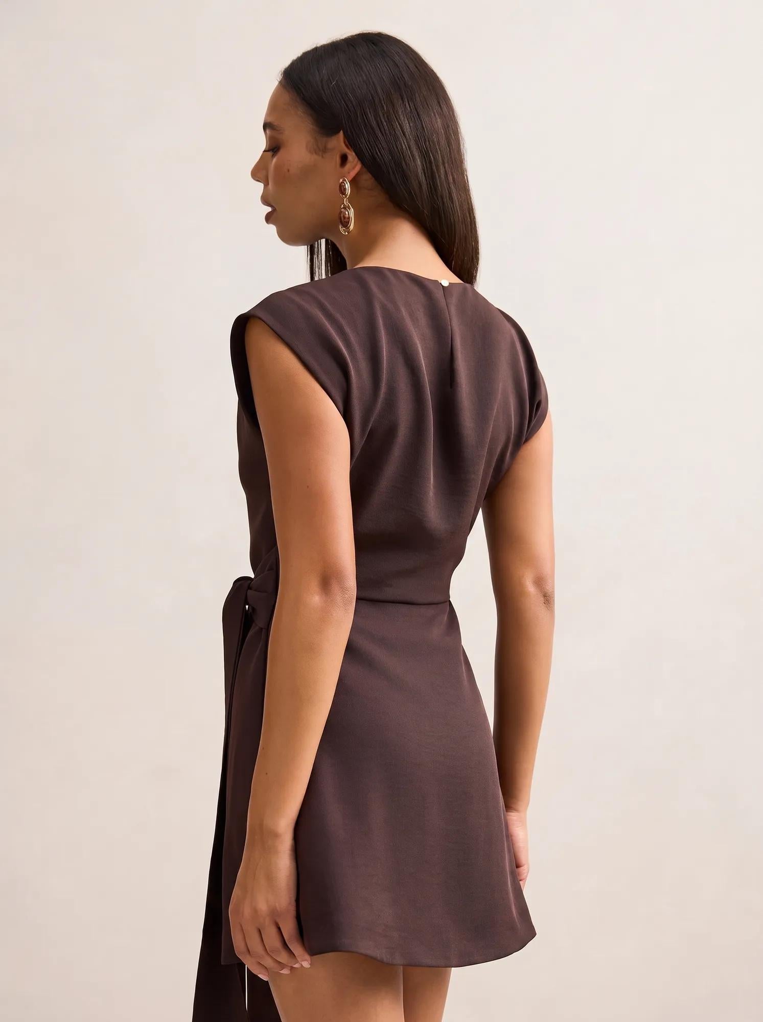 Peony Tie Front Mini Dress Dark Chocolate