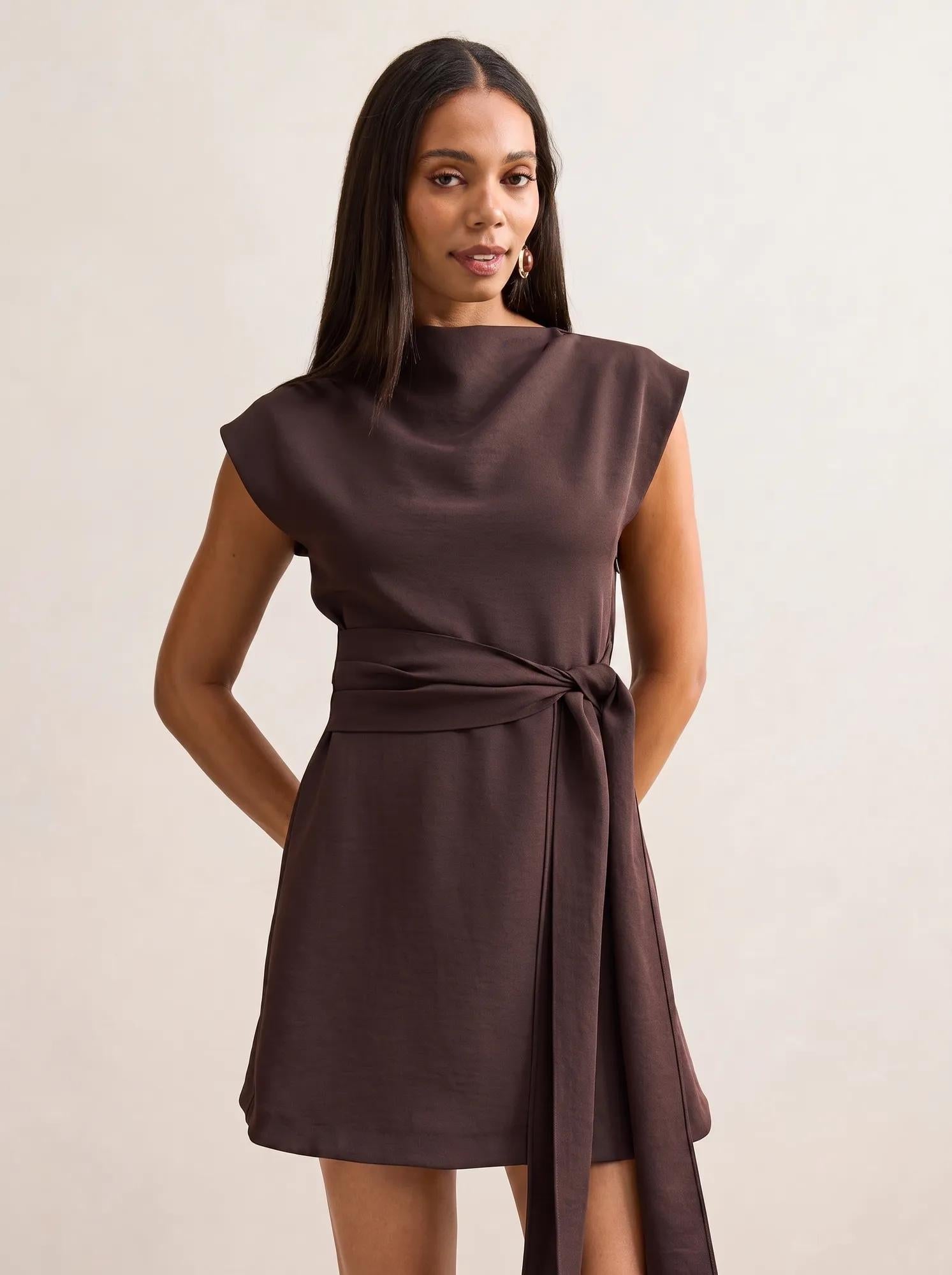 Peony Tie Front Mini Dress Dark Chocolate