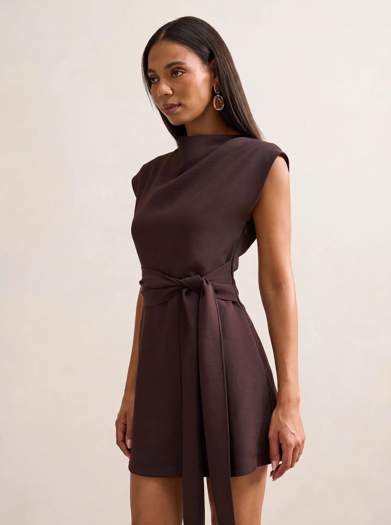 Peony Tie Front Mini Dress Dark Chocolate