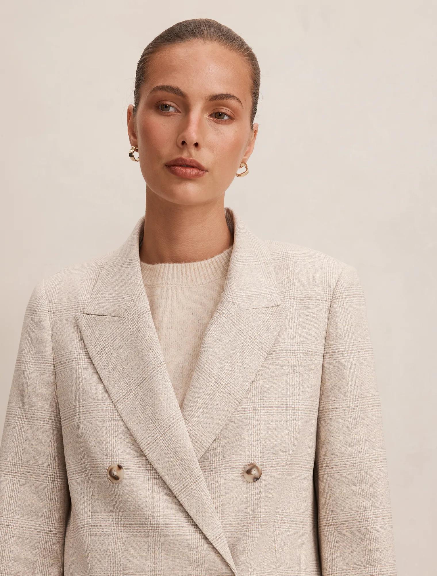 Lottie Double Breasted Blazer Beige Check Suit