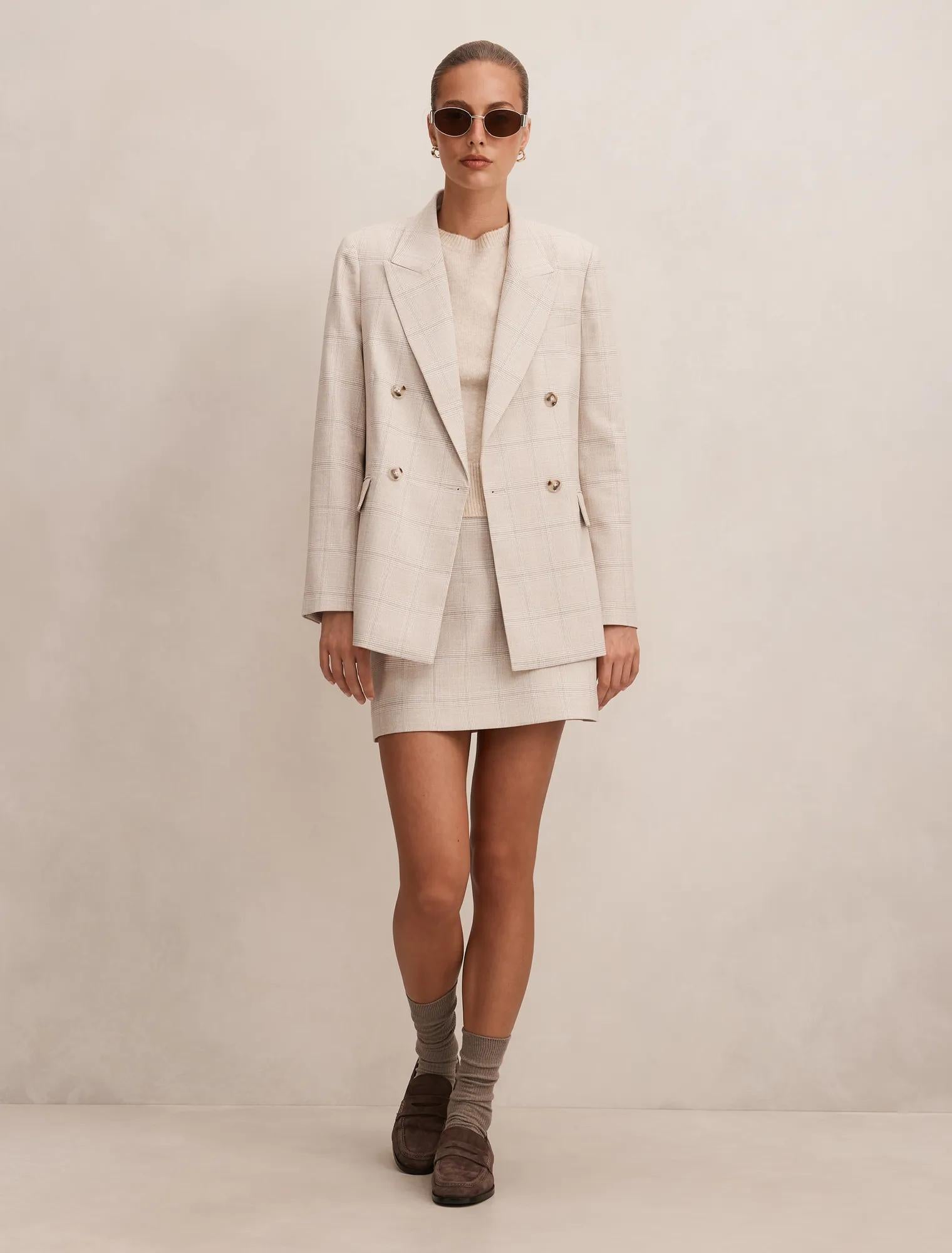 Lottie Double Breasted Blazer Beige Check Suit