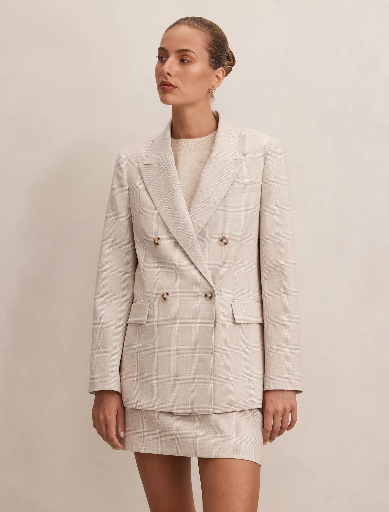 Lottie Double Breasted Blazer Beige Check Suit