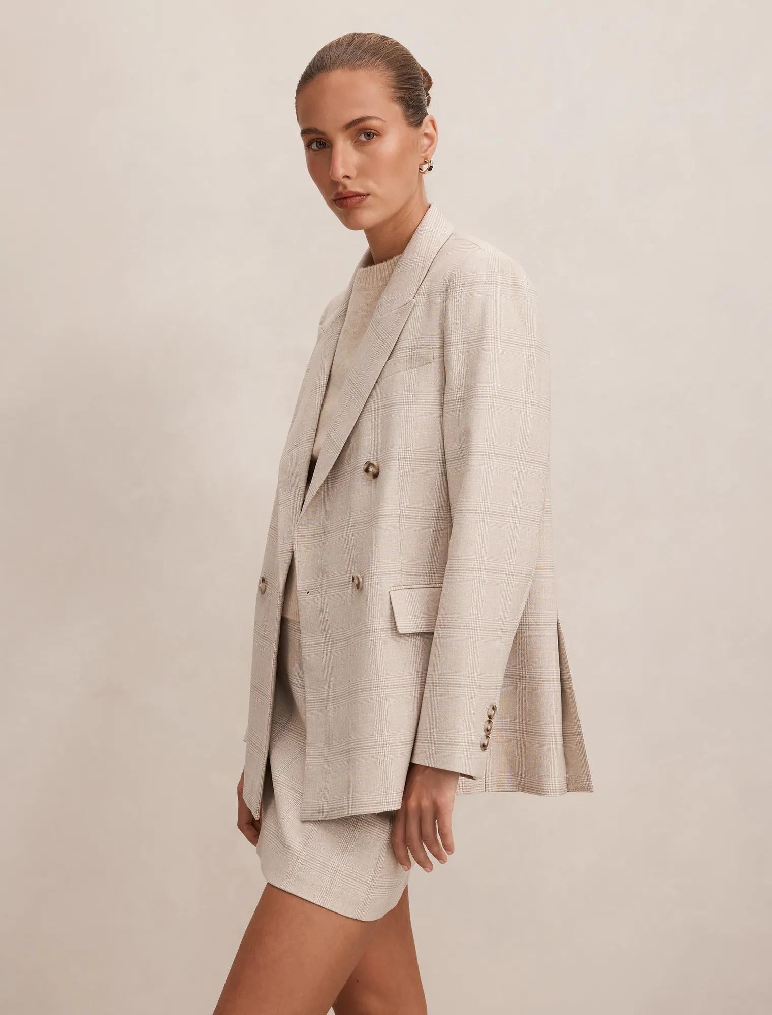 Lottie Double Breasted Blazer Beige Check Suit