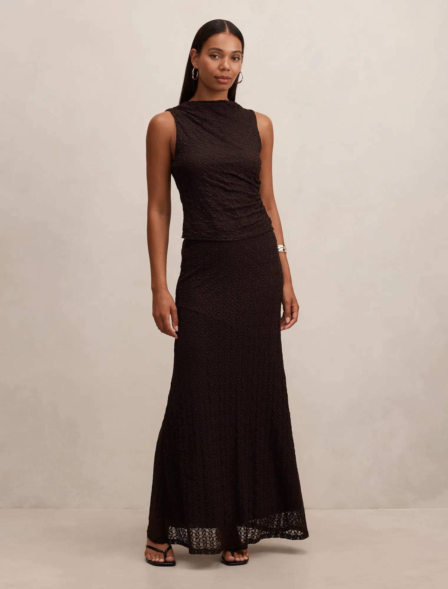 Tahlia Textured Lace Tank Chocolate Co-ord