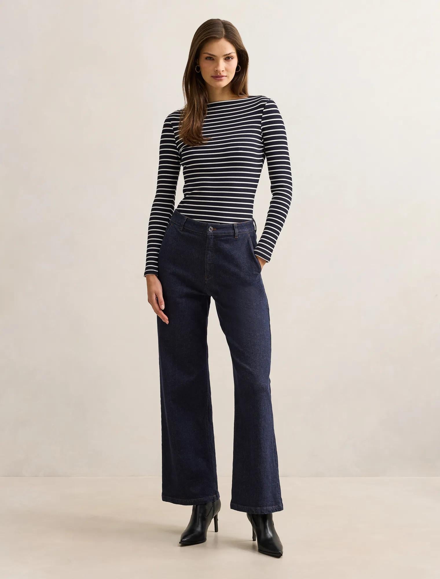 Jasmine Straight Neck Top Navy / Porcelain Stripe