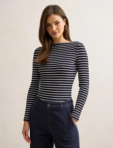 Jasmine Straight Neck Top Navy / Porcelain Stripe