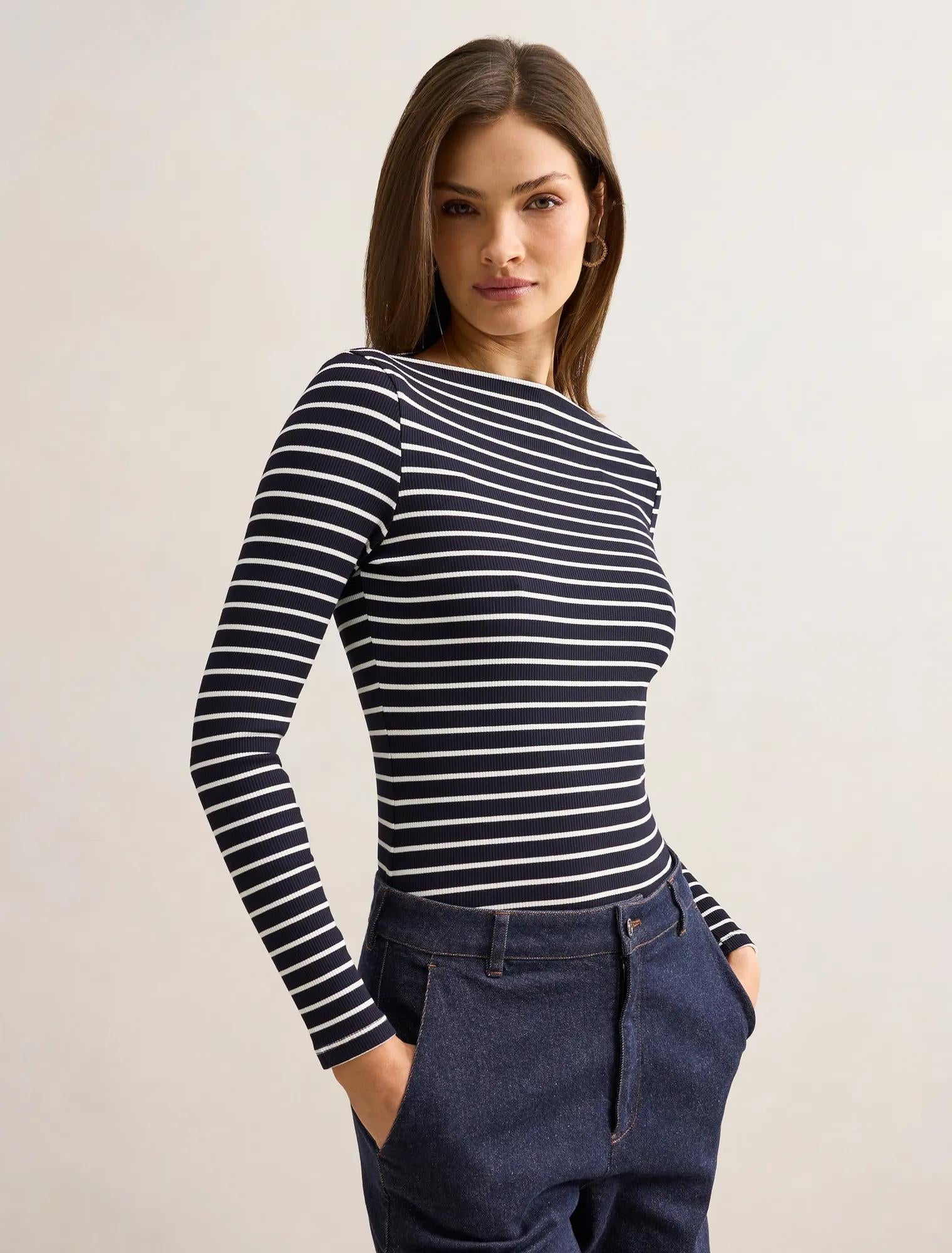 Jasmine Straight Neck Top Navy / Porcelain Stripe