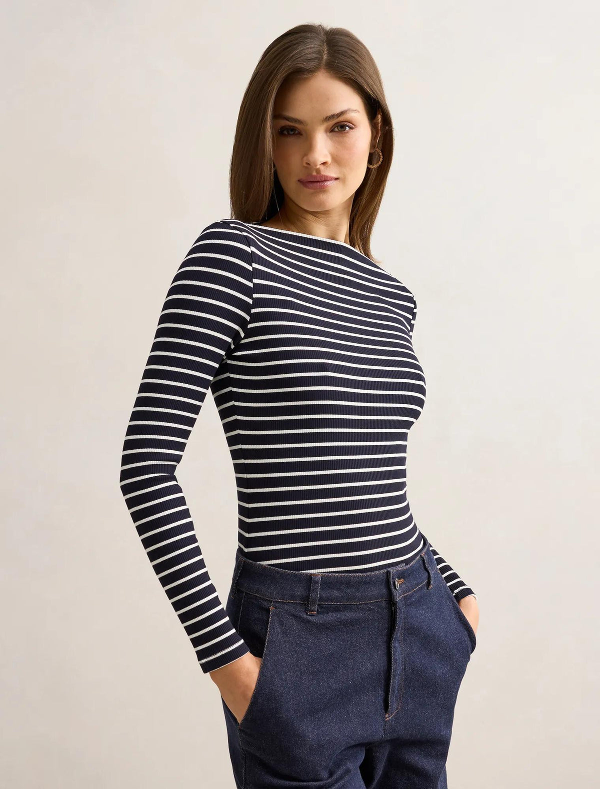 Jasmine Straight Neck Top Navy / Porcelain Stripe
