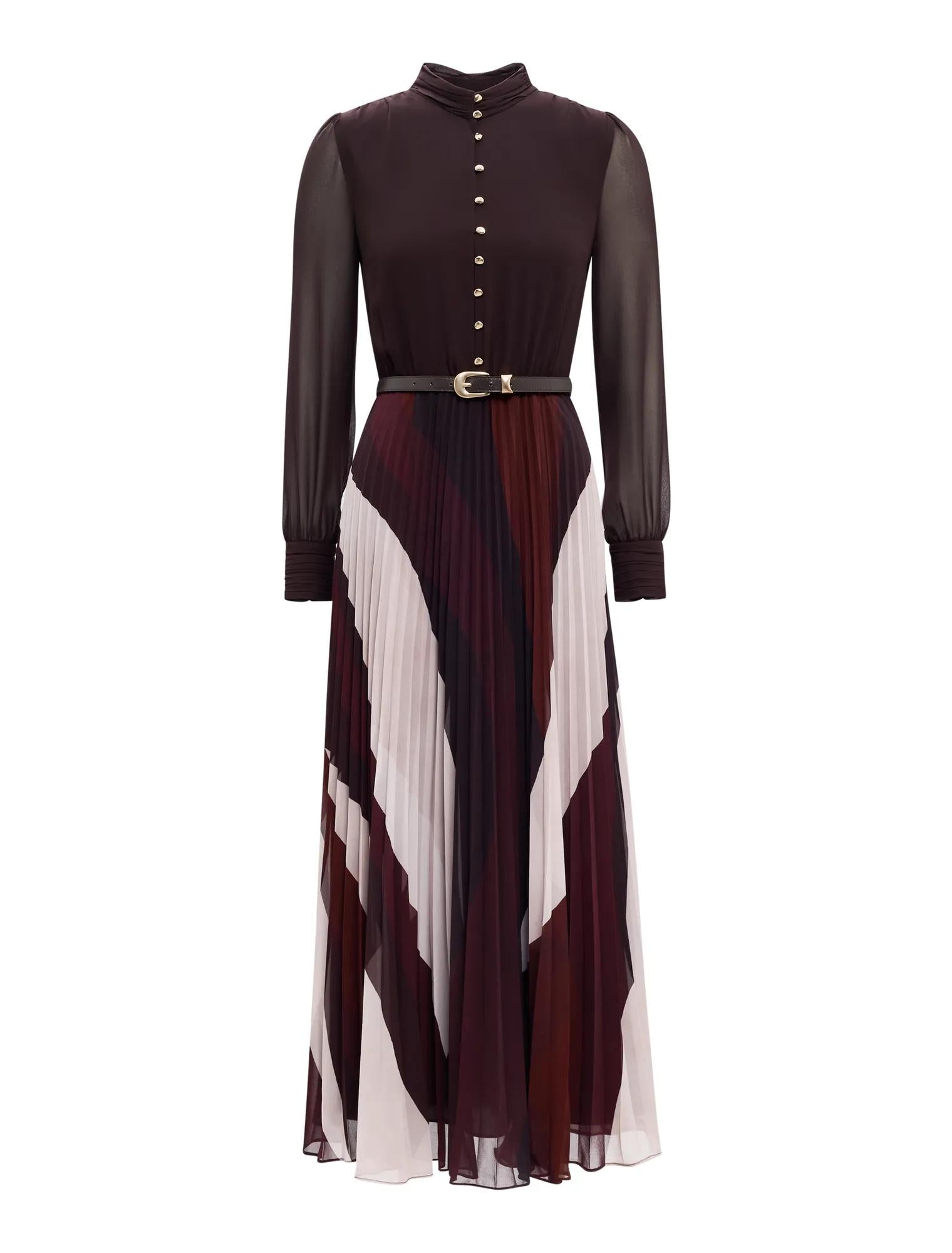 Anya Long Sleeve Pleated Midi Dress Rust Rigby Geo_mannequin