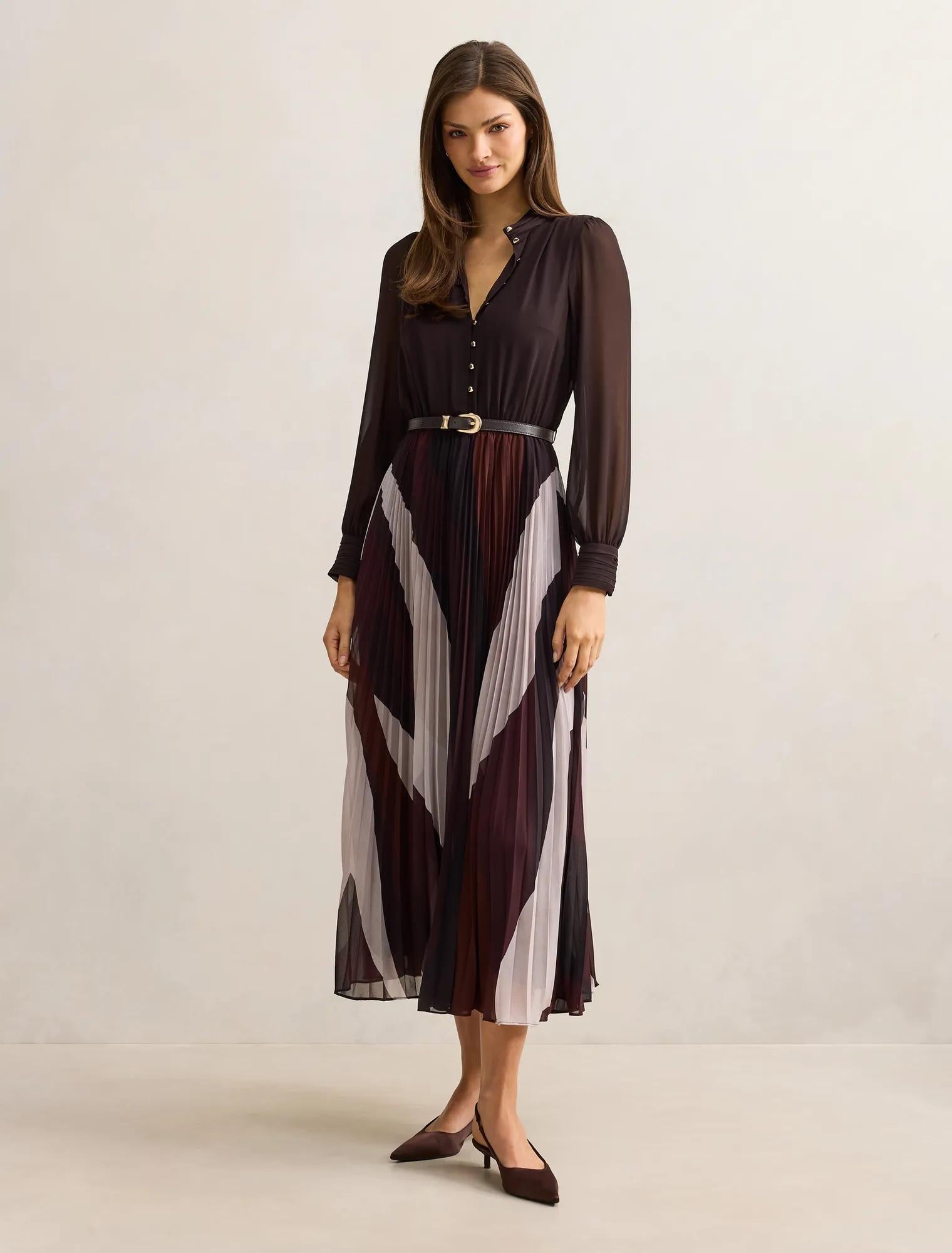 Anya Long Sleeve Pleated Midi Dress Rust Rigby Geo