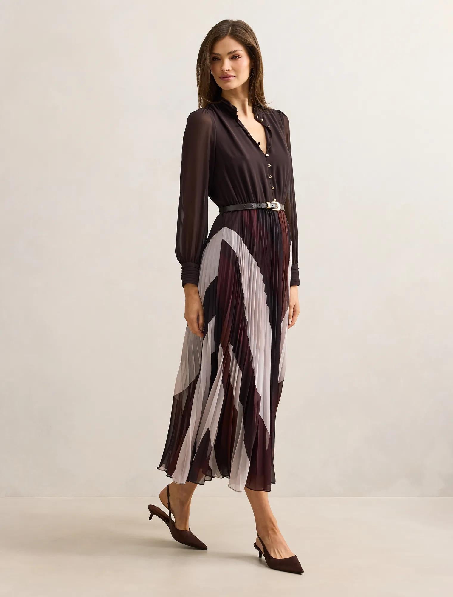 Anya Long Sleeve Pleated Midi Dress Rust Rigby Geo