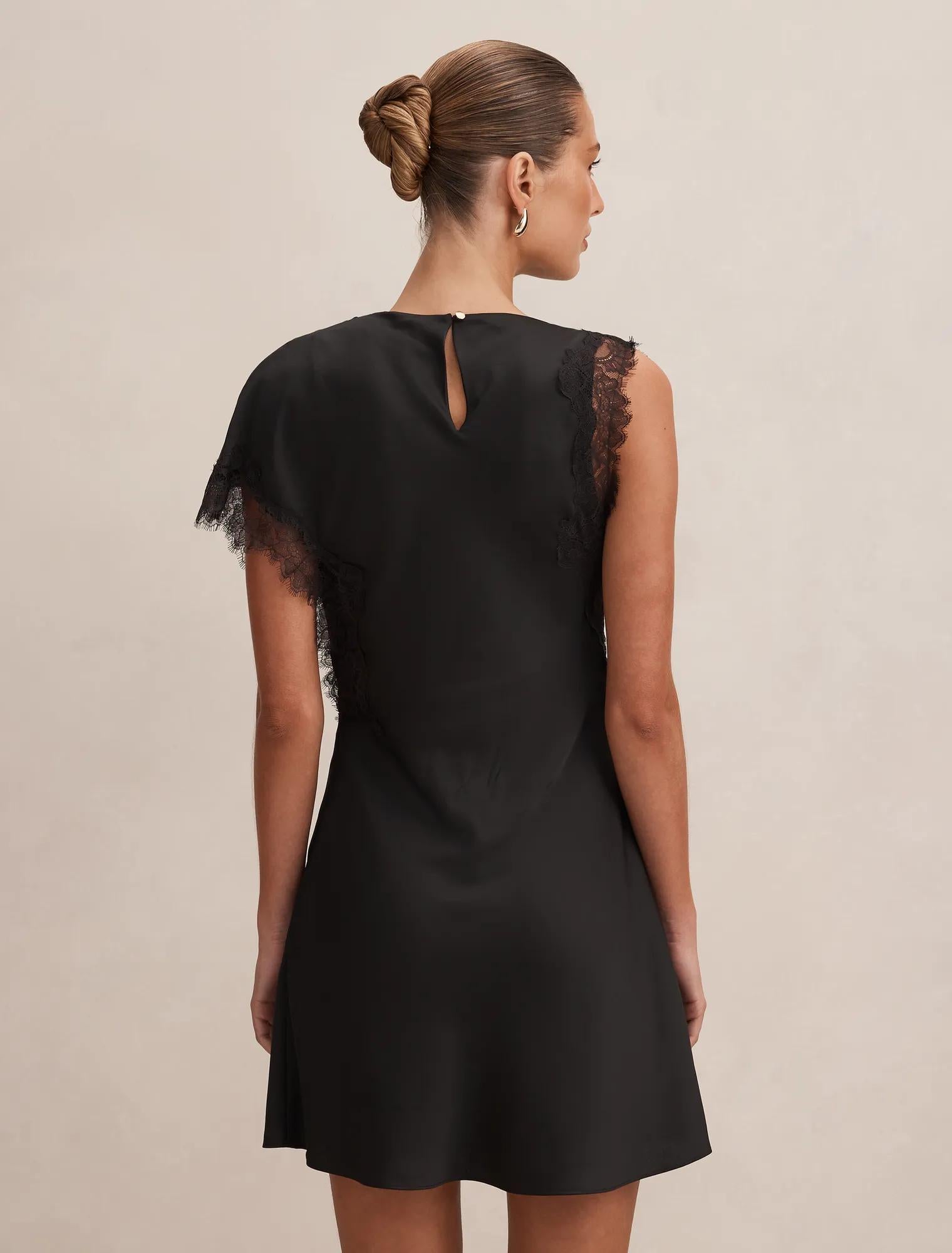 Giselle Satin Lace Asym Mini Black
