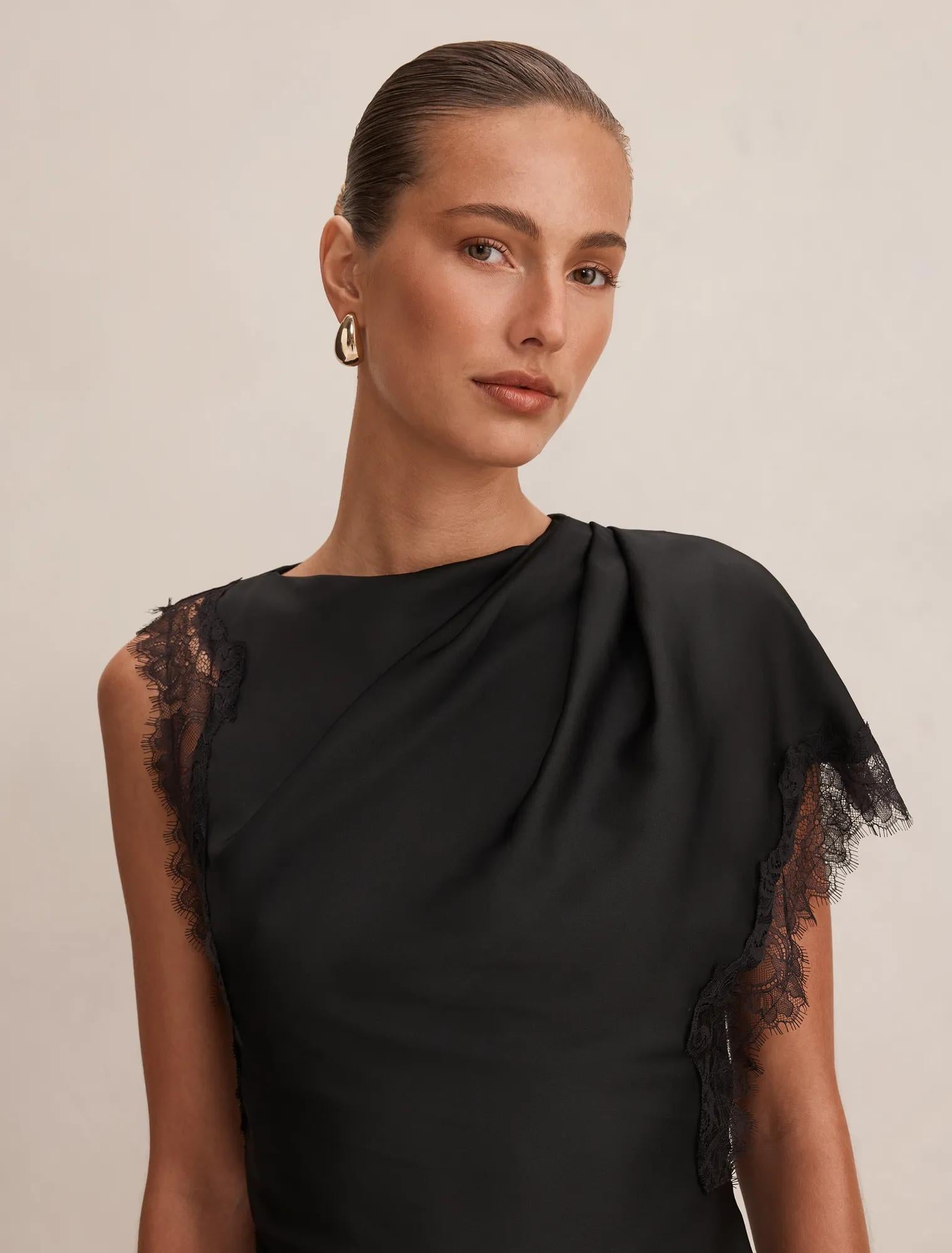 Giselle Satin Lace Asym Mini Black