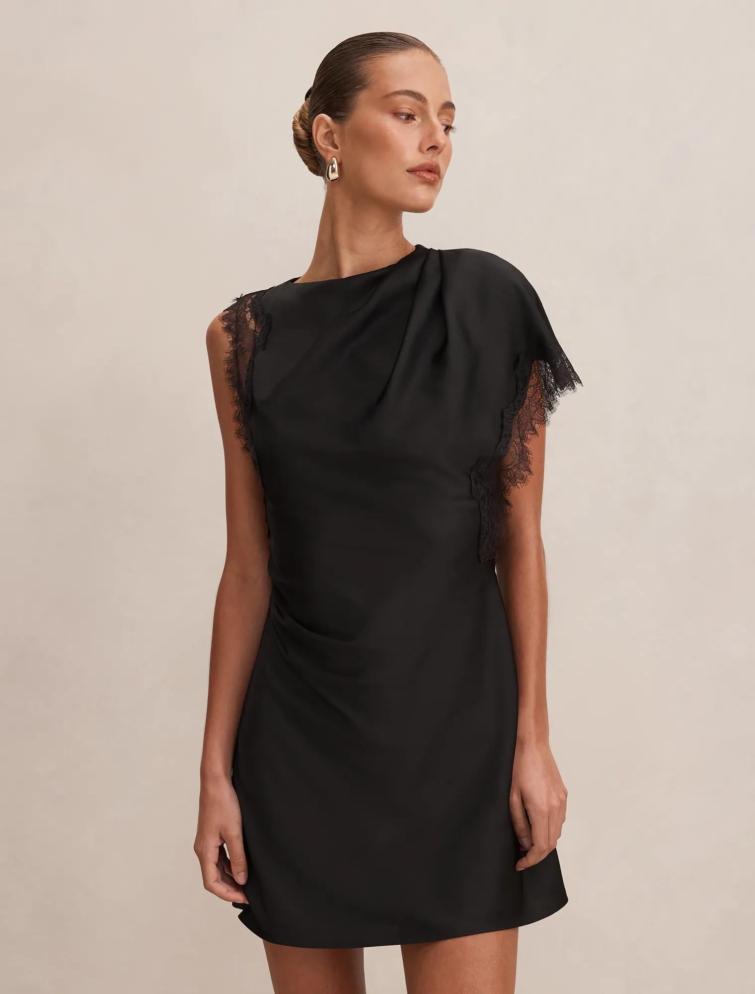 Giselle Satin Lace Asym Mini Black