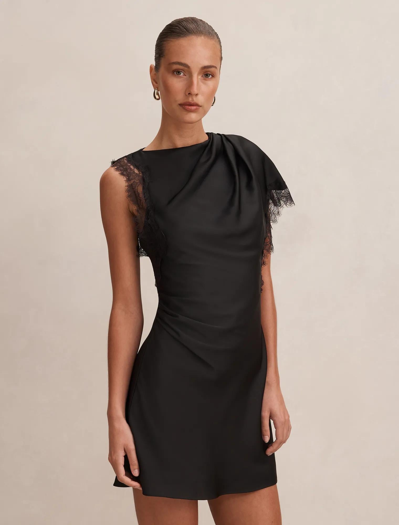 Giselle Satin Lace Asym Mini Black
