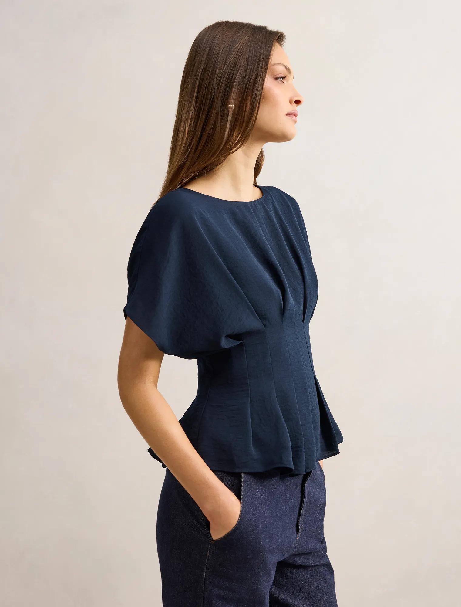Wren Pleat Detail Top Navy